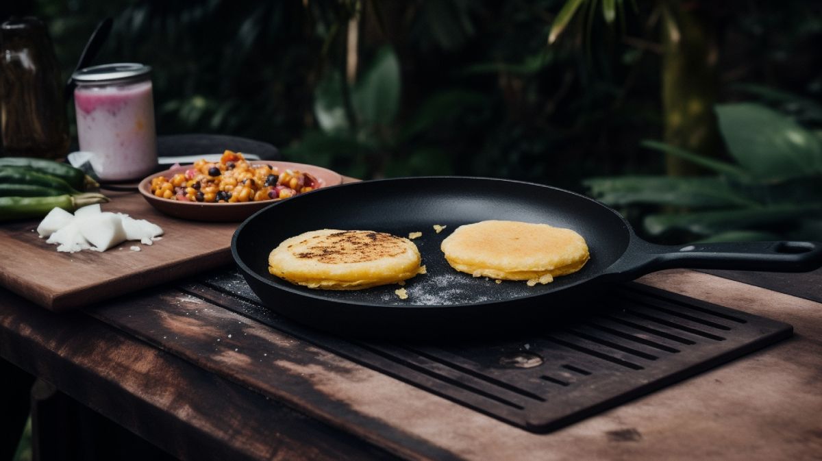 Cocinando arepas en un sartén en una cocina exterior