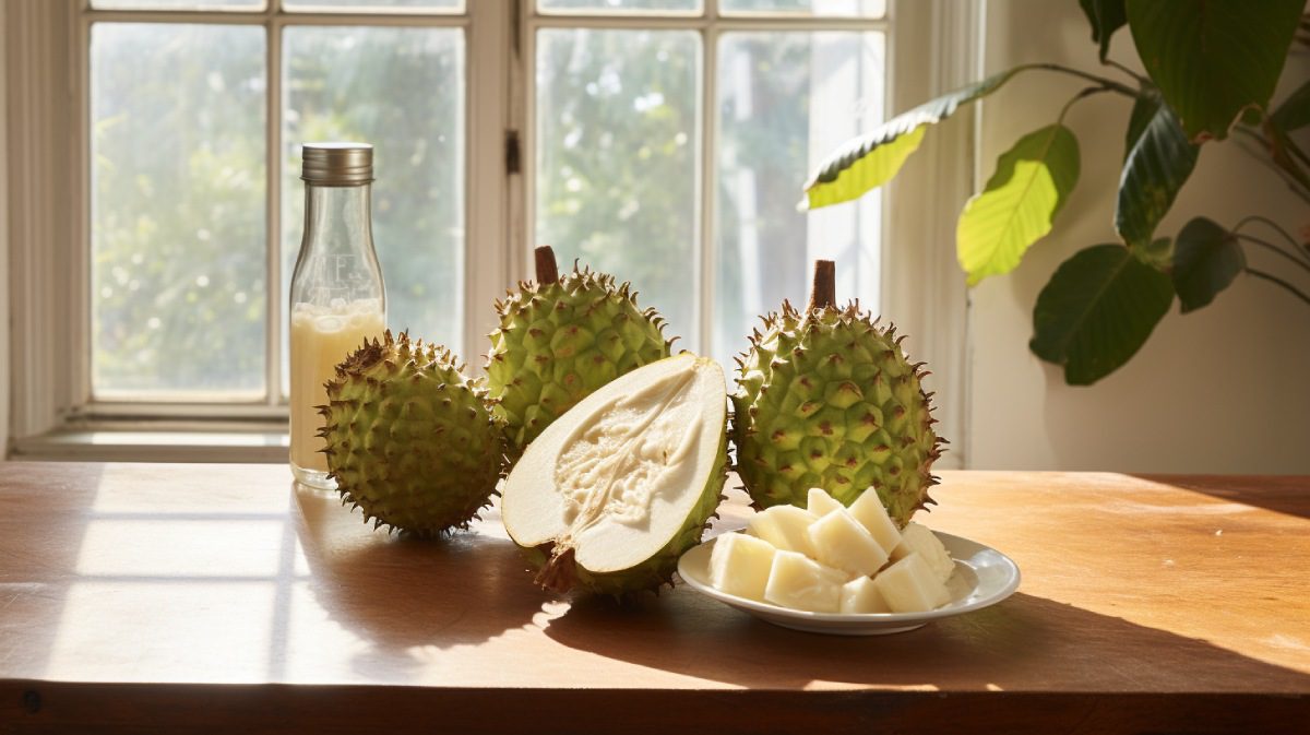 guanábana cortada a la mitad para preparar torta de guanábana