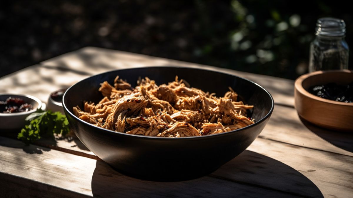 Pollo esmechado en un bol negro