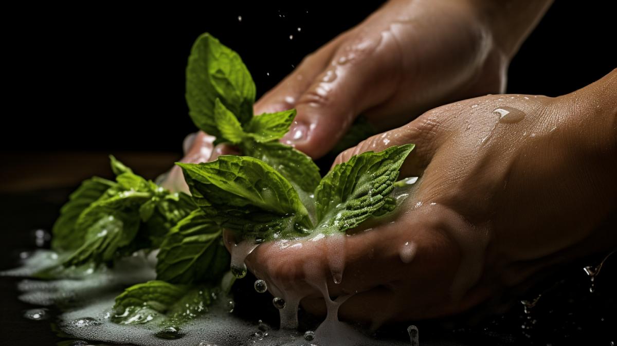 Manos lavando hierbabuena