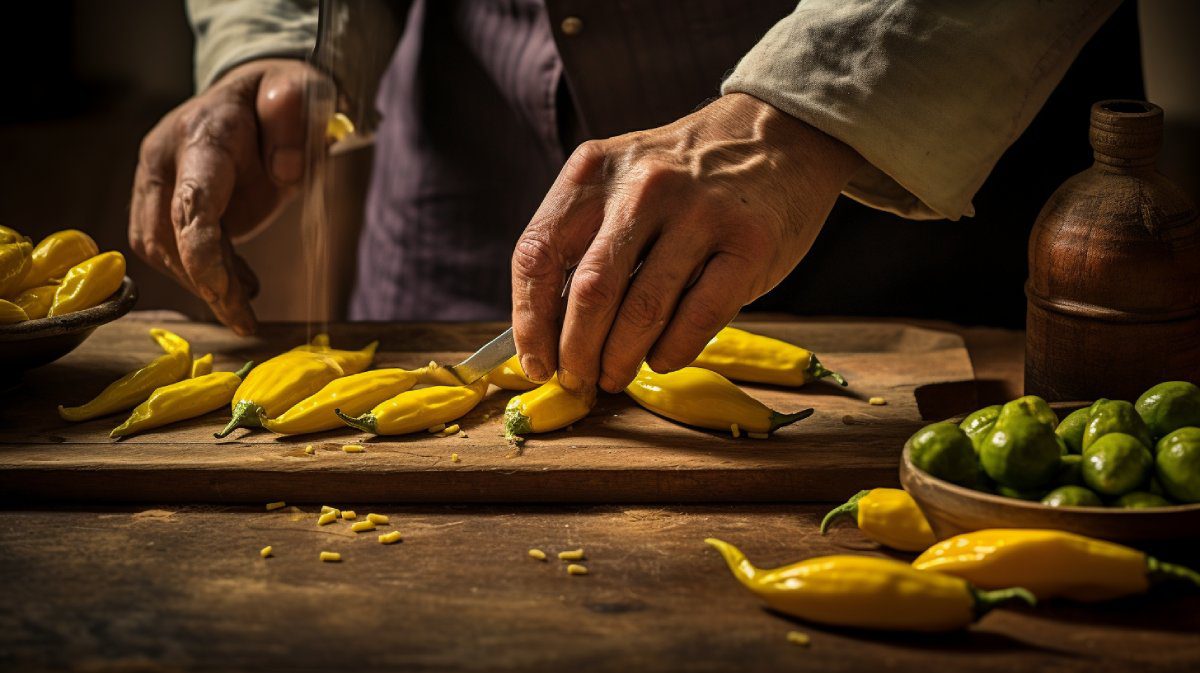 Cocinero limpiando ají amarillo y cortándolos