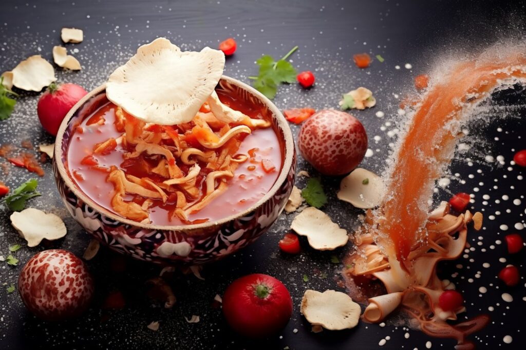 Tinga de setas servidas en un lienzo negro con otros ingredientes