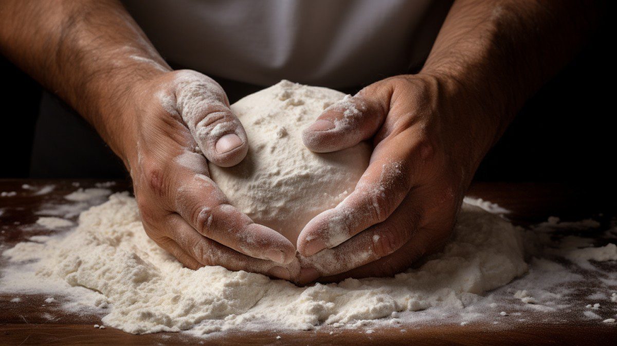 Manos de hombre amasando masa de arepas