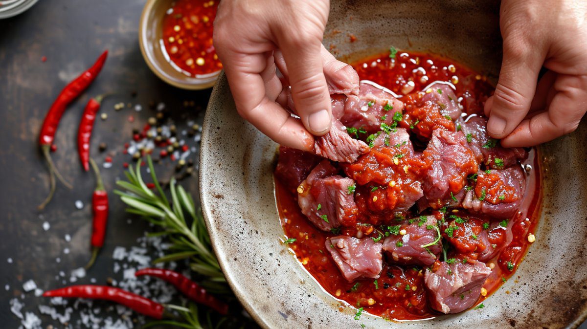 Manos marinando carne de cerdo