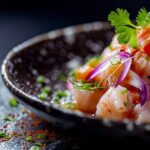 Ceviche con leche de tigre servido con decoración de cilantro