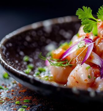 Ceviche con leche de tigre servido con decoración de cilantro