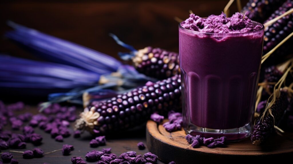 Chicha morada peruana, servida con maiz morado de fondo