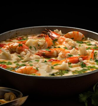 Chupe de mariscos peruano, servido en un sartén