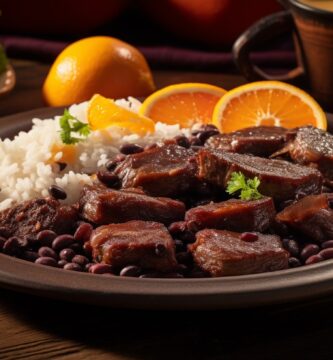 feijoada brasileña, servida con rodajas de naranja