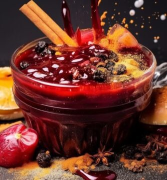 Mazamorra morada, servida con palitos de canela